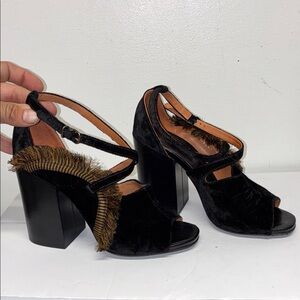 Dries Van Noten Black Velvet Heels with Fringe Detail